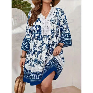 Osadía Blue Floral Tunic Dress 4XL US 20 Boho V-Neck Woven Fabric w/ Lace Trim